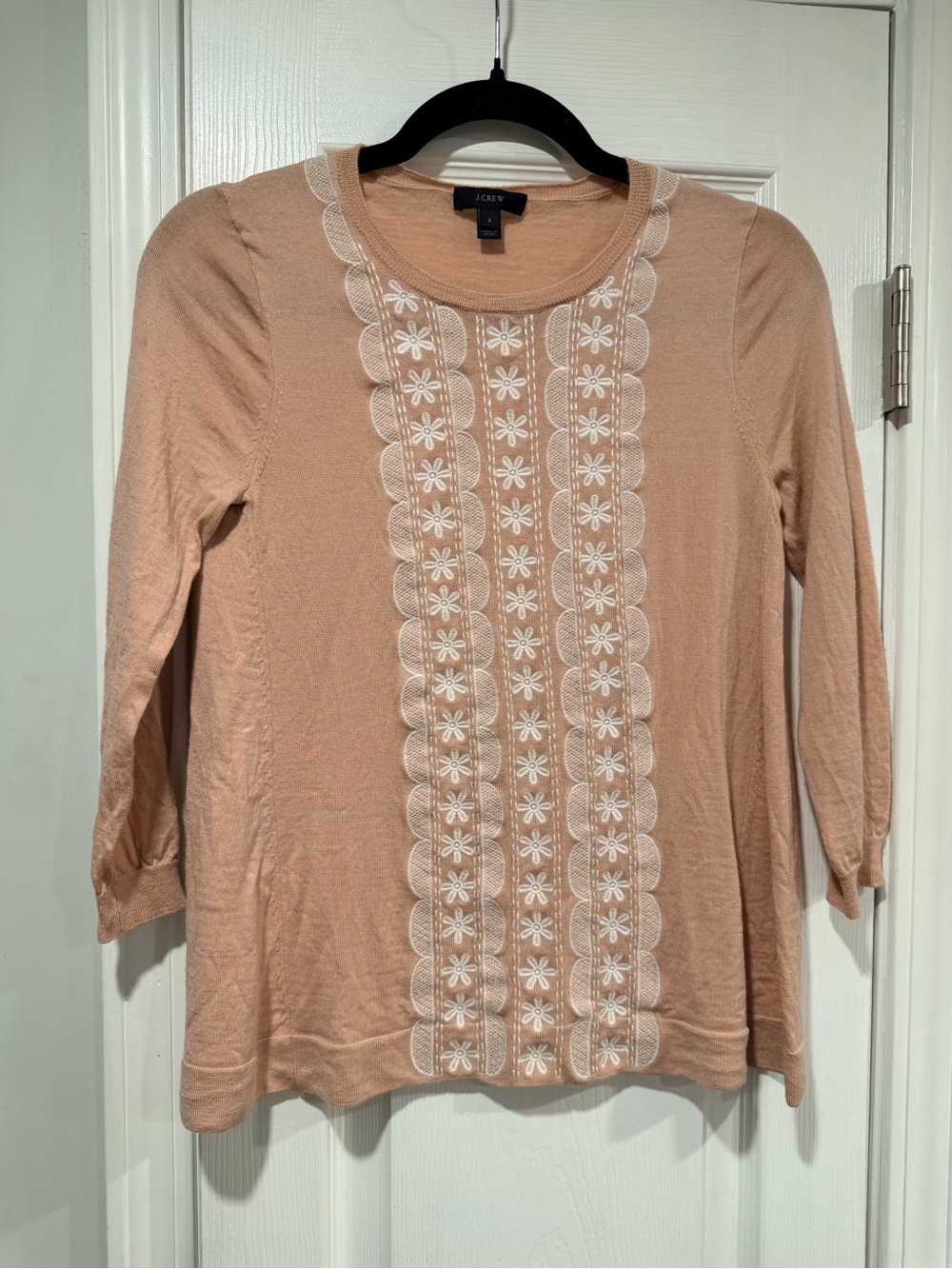 J. Crew Size S Mauve Pink Merino Wool 3/4 Sleeve Embroidered Knit Top